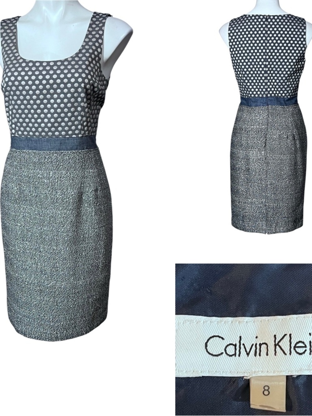 Calvin Klein dress 8 light blue Polka Dot‎ Tweed Sheath sleeveless